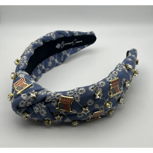 Brianna Cannon Denim Eyelet Headband Flags & Stars Gold Tone & Crystal Patriotic